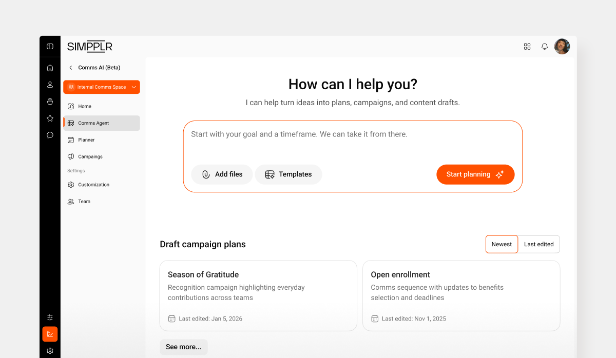 Simpplr Comms AI dashboard, designed to help IC pros turn ideas into communication plans, campaigns, and content drafts quickly.