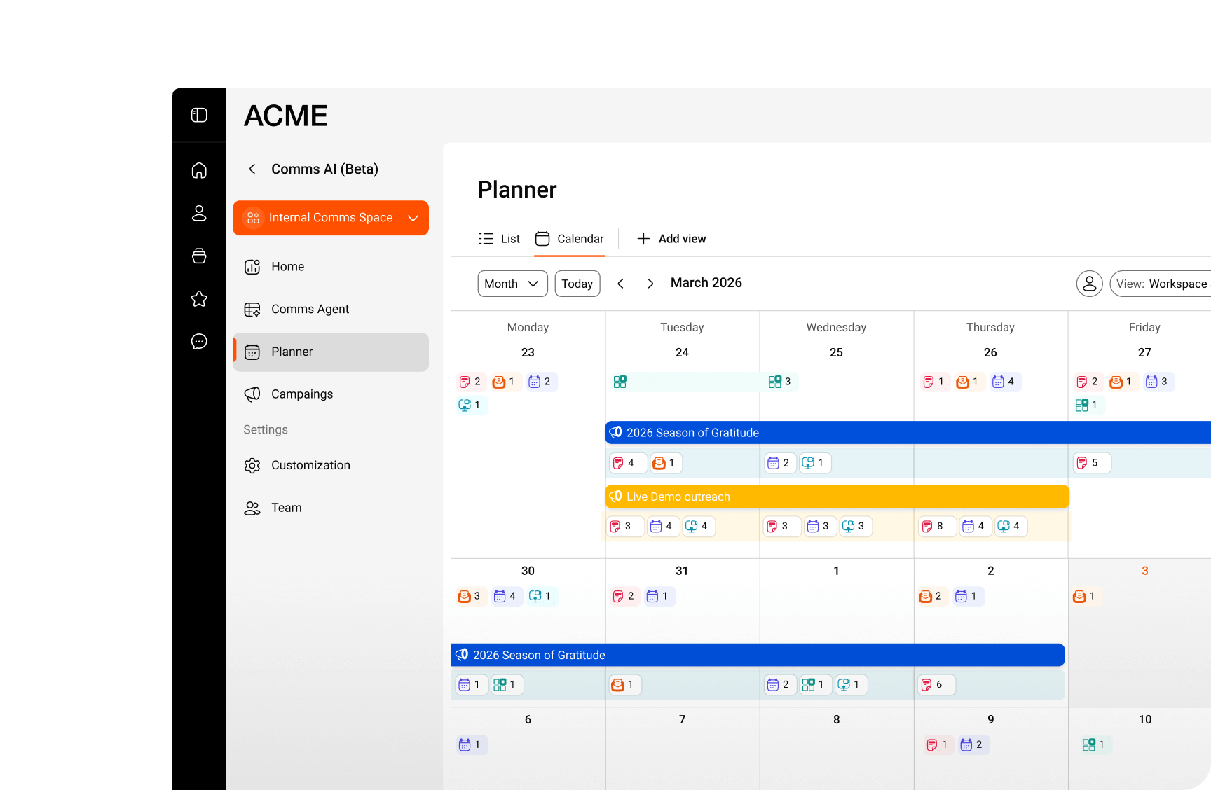 Simpplr Comms AI Planner showing IC teams to plan, coordinate and manage multi-channel launches in one workspace.