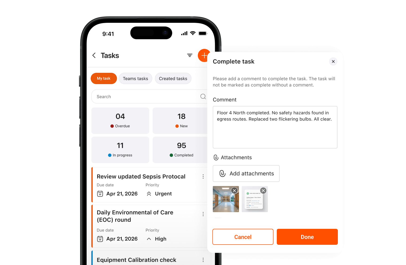 Simpplr Quick Tasks mobile interface showing assigned tasks and a completion screen with comments and attachments.