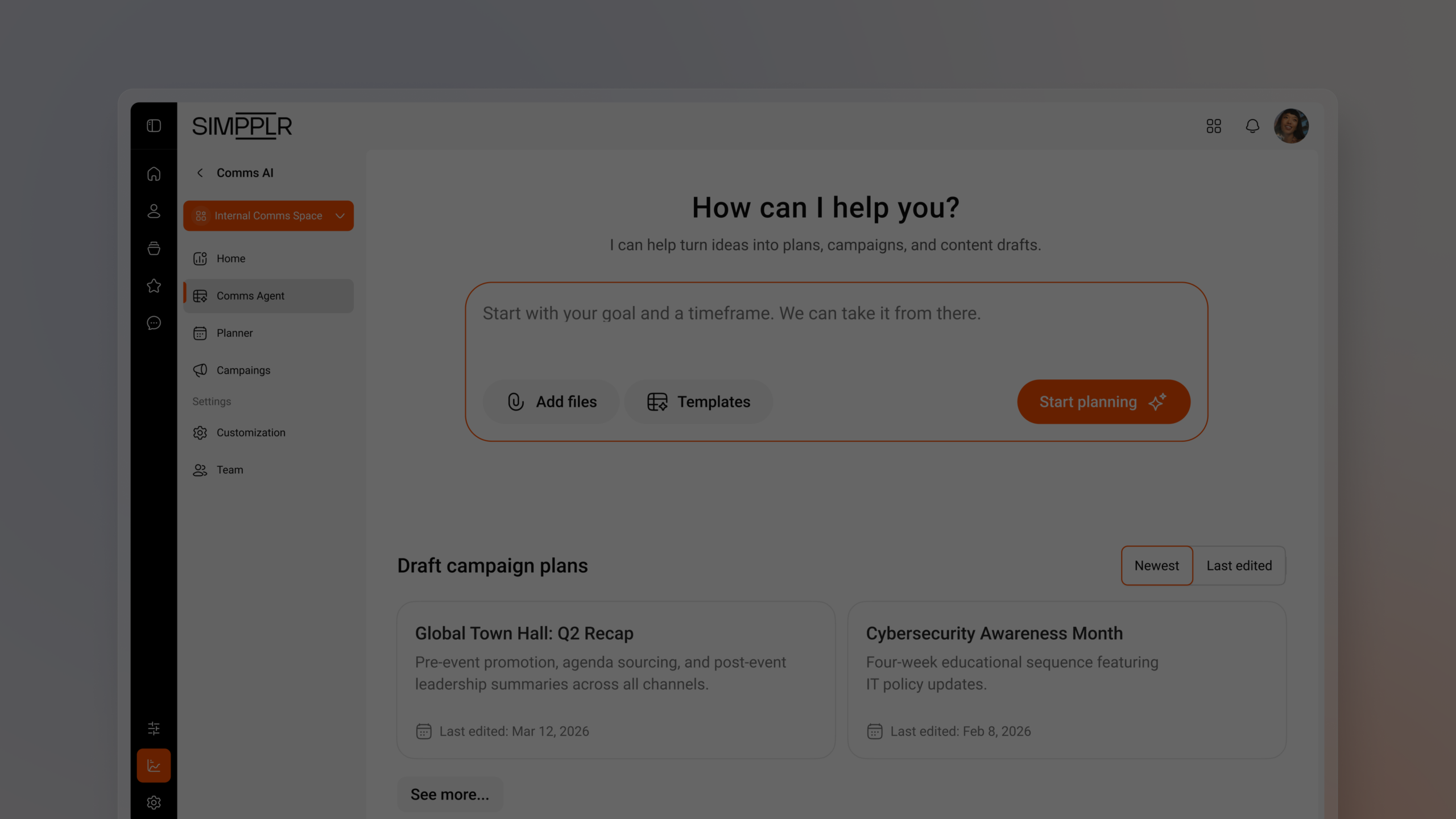 Simpplr Comms AI dashboard is built for internal communication teams