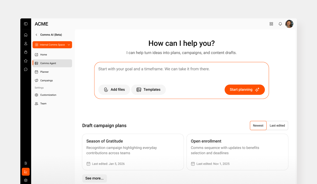 Simpplr Comms AI dashboard is built for internal communication teams