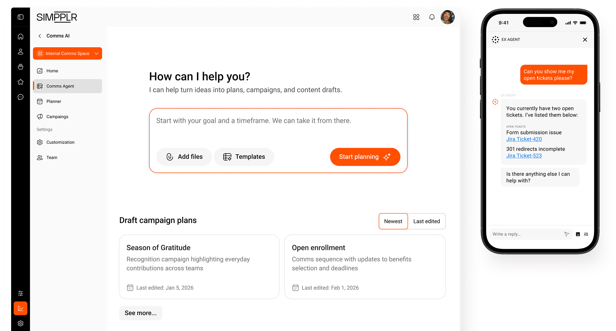Mobile and desktop view of Simpplr AI with tasks, updates, events, and conversational search assistant