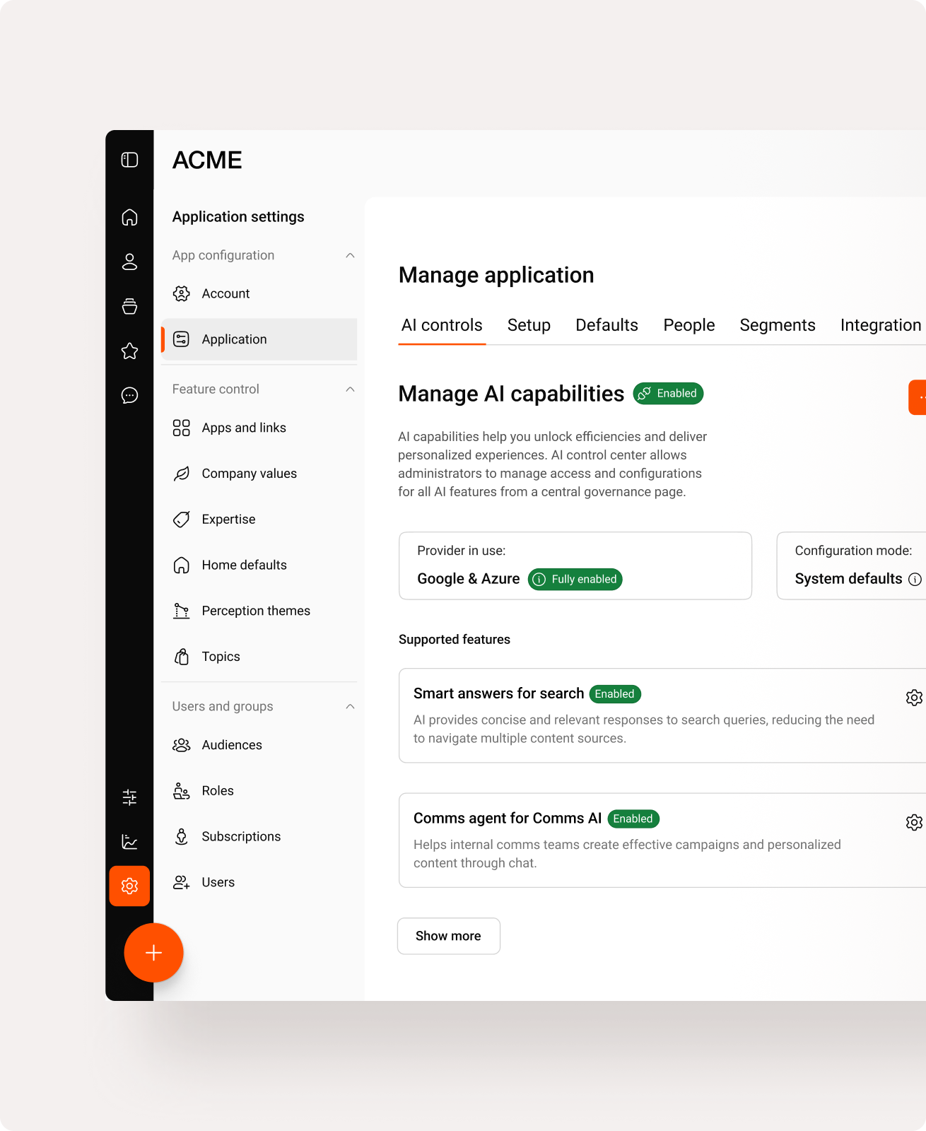 Simpplr AI: Admin dashboard for configuring AI features, LLM models, and response behavior controls.