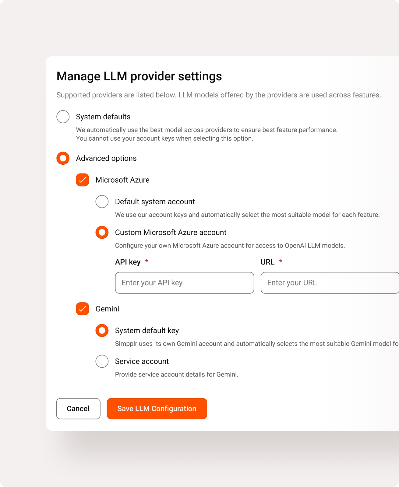 Simpplr AI: LLM provider settings screen with options for custom Azure and Gemini account configuration.