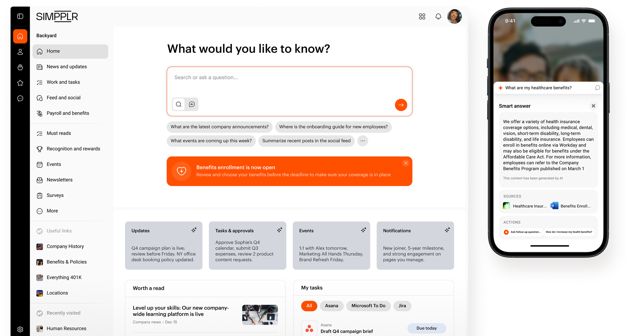 AI-powered employee experience platform: Simpplr desktop and mobile view for AI search, tasks, updates and support.