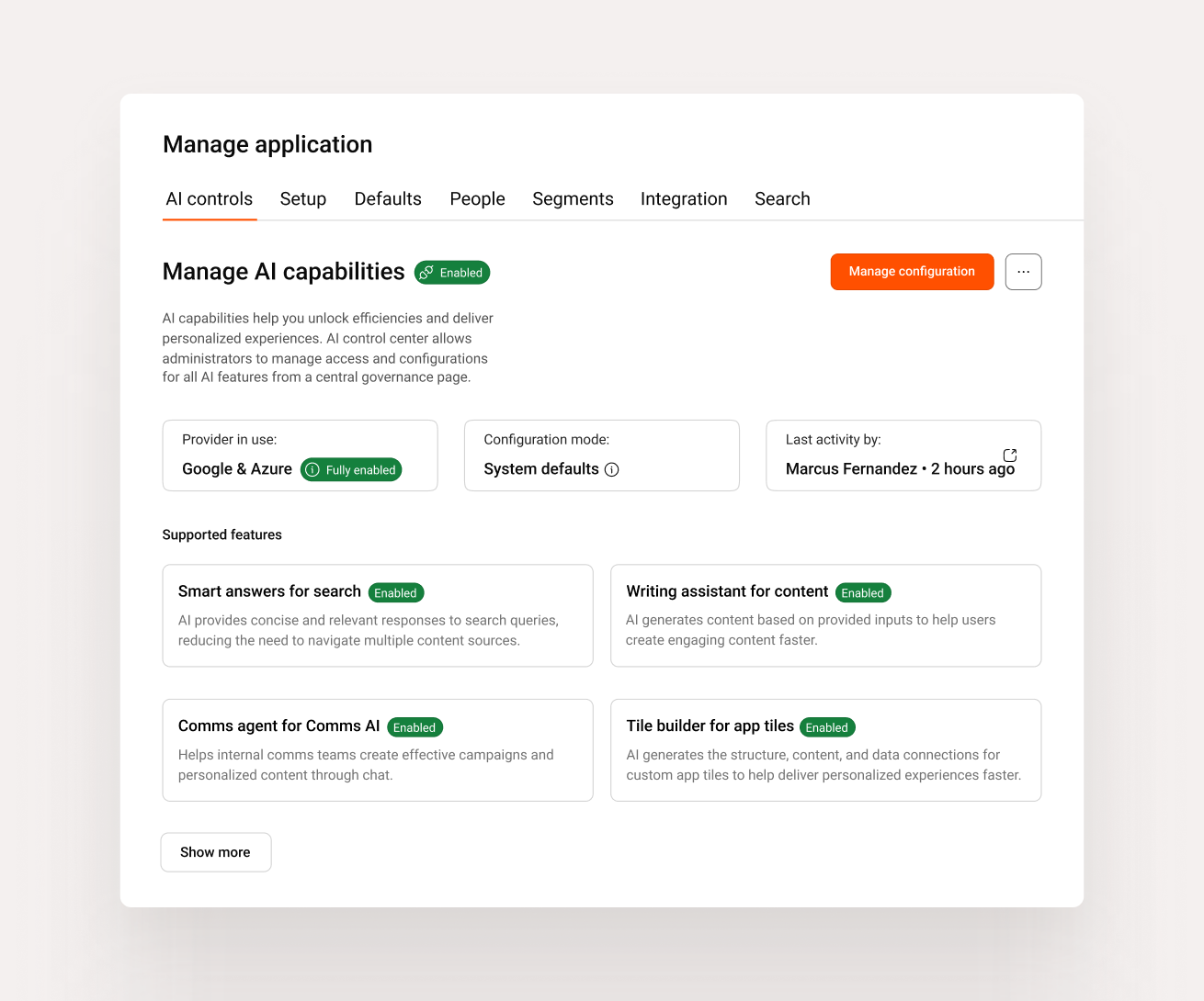 AI-powered employee experience platform: Manage AI capabilities, governance, access, and enterprise security from Simpplr AI control center.