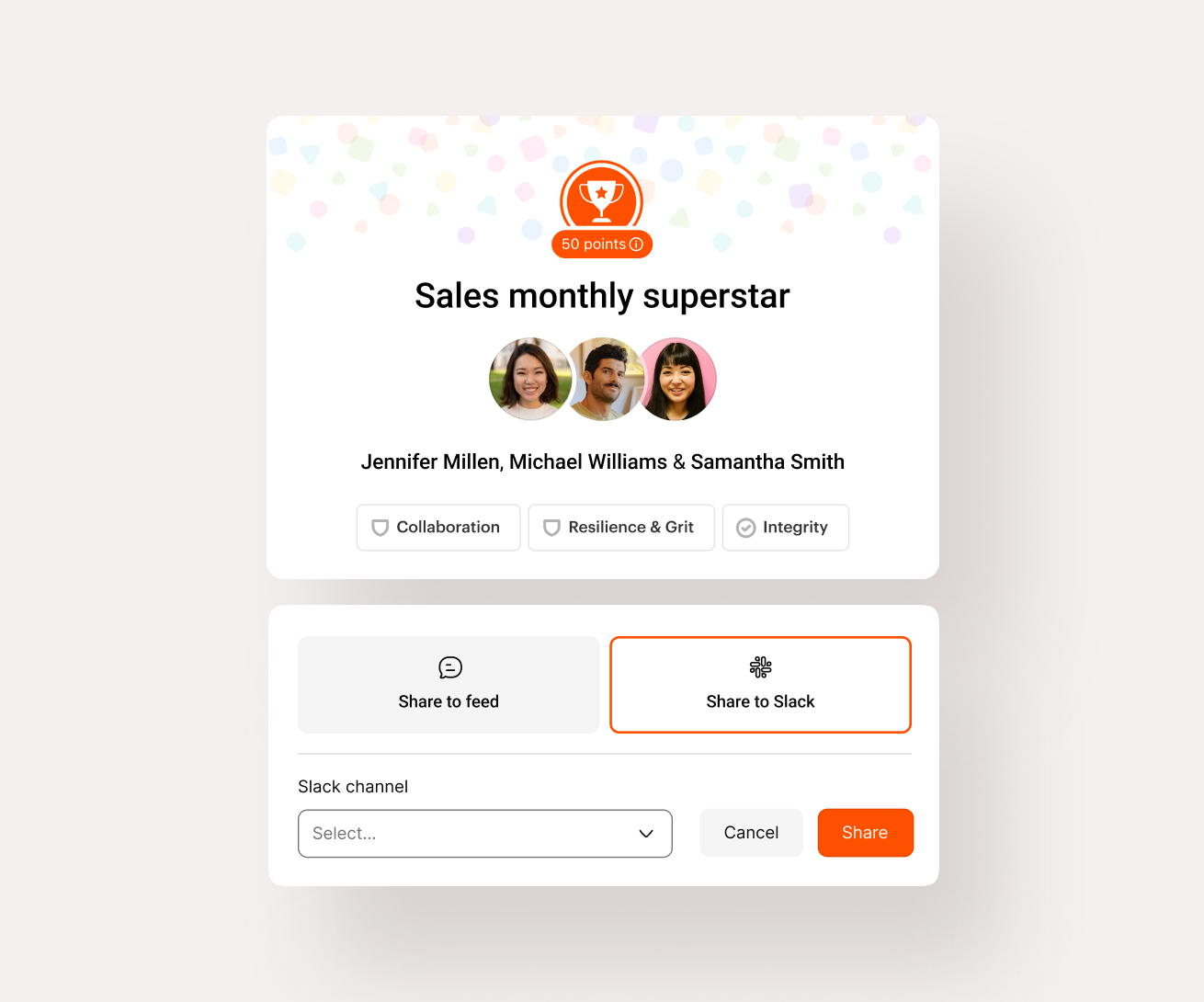 Employee recognition and rewards: announcement recognizing three employees who earned the 'Sales Monthly Superstar' recognition badge