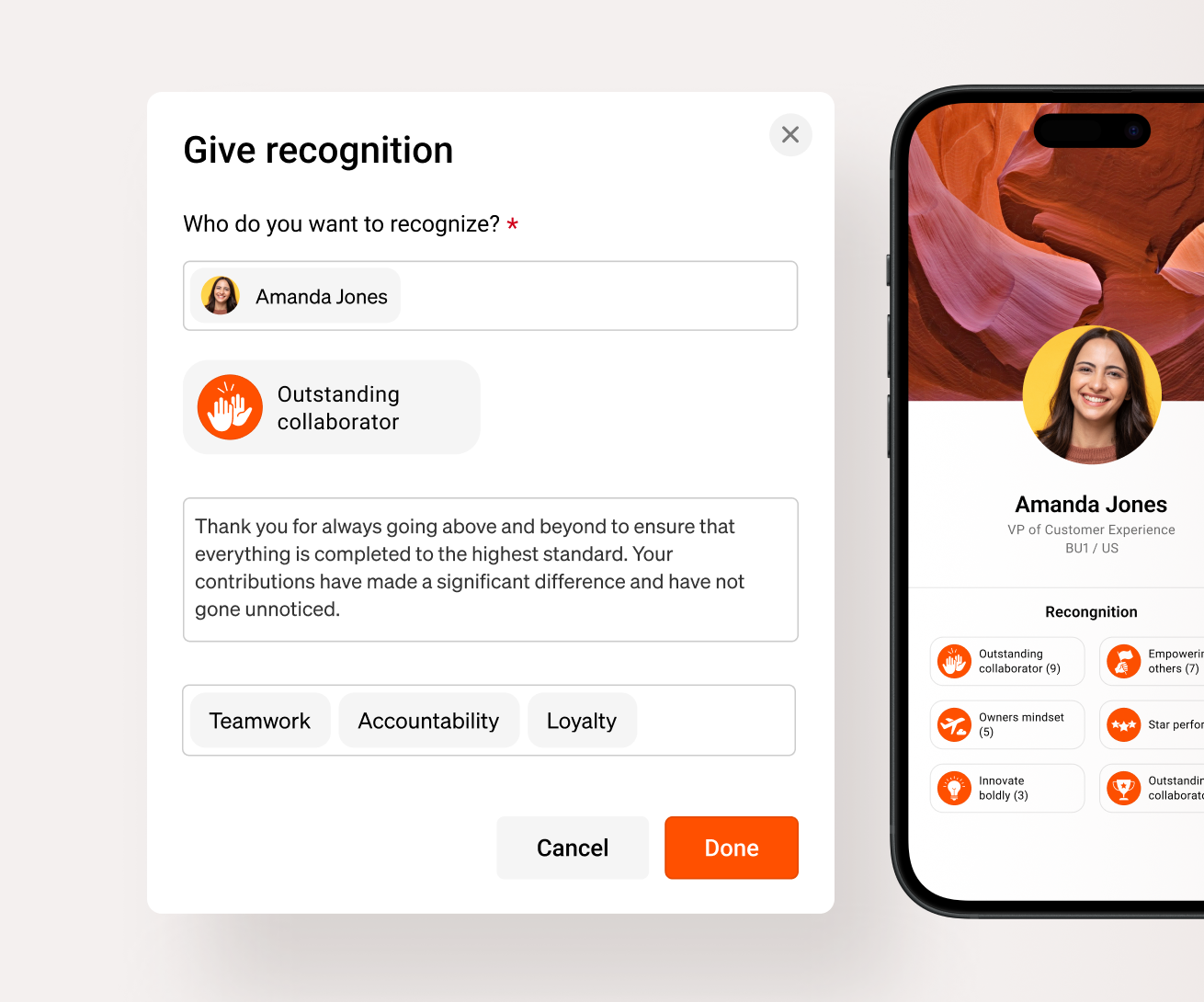 Employee recognition and rewards: recognition form with custom badge, company values, and employee profile.