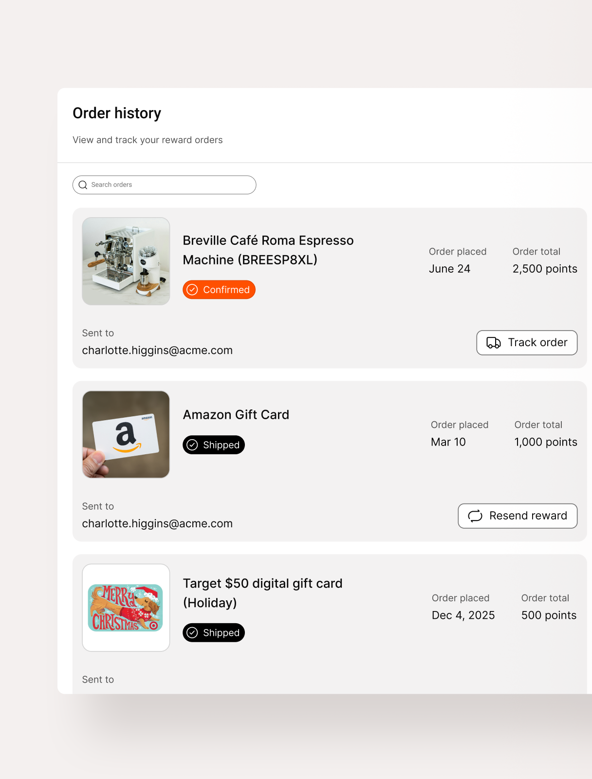 Employee recognition and rewards: account dashboard with saved addresses and reward redemption status