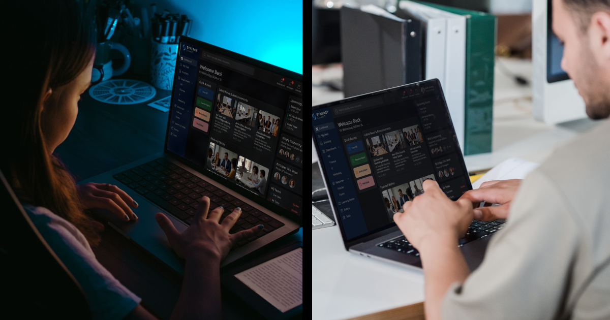 A desk-based office worker and a frontline employee viewing the same generic intranet homepage on their devices