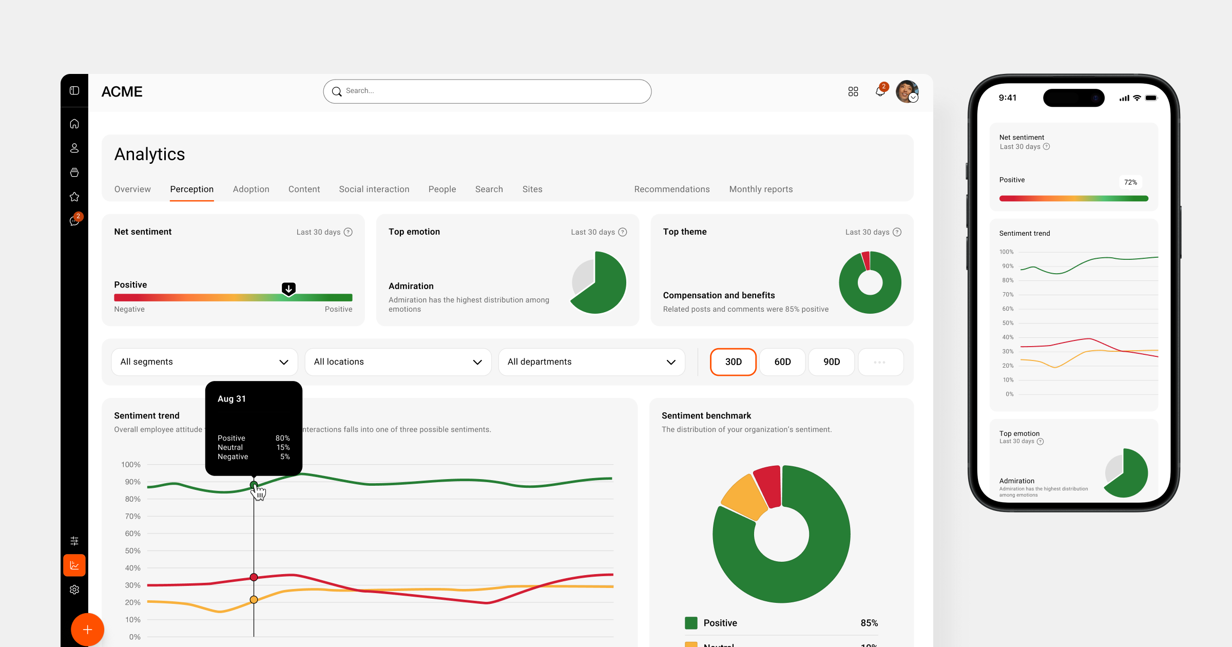 Simpplr dashboard displaying internal communications analytics, including campaign engagement, audience segmentation, content performance, and reporting metrics