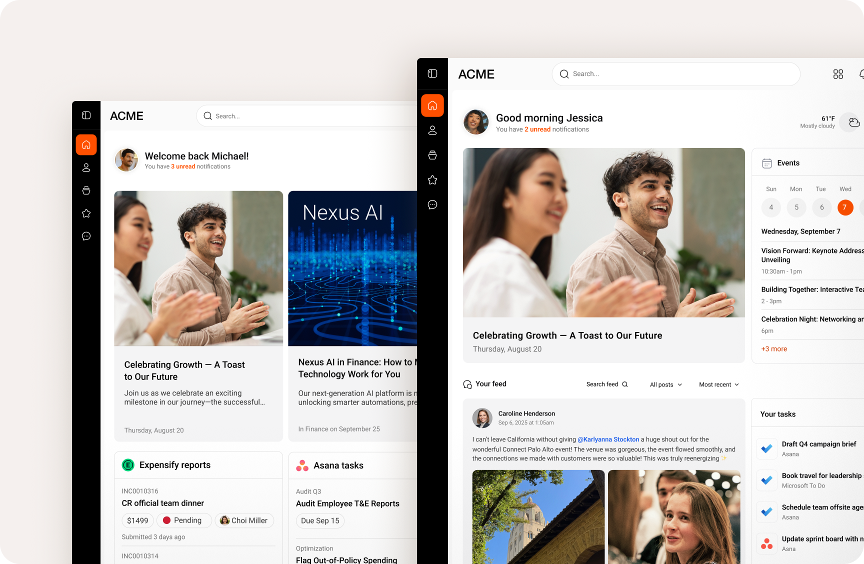 Summer Innovation 2026: Two personalized employee homepages feature targeted news, events, resources, and tasks.
