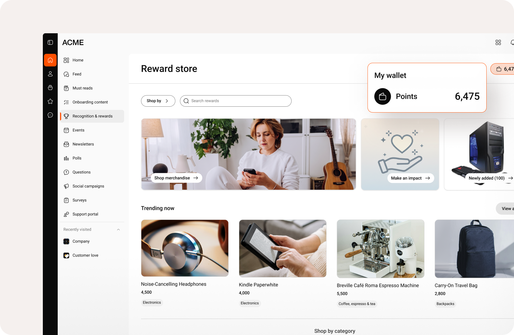 Simpplr Employee Rewards Store dashboard displaying points, physical products, gift cards, and charitable donations.