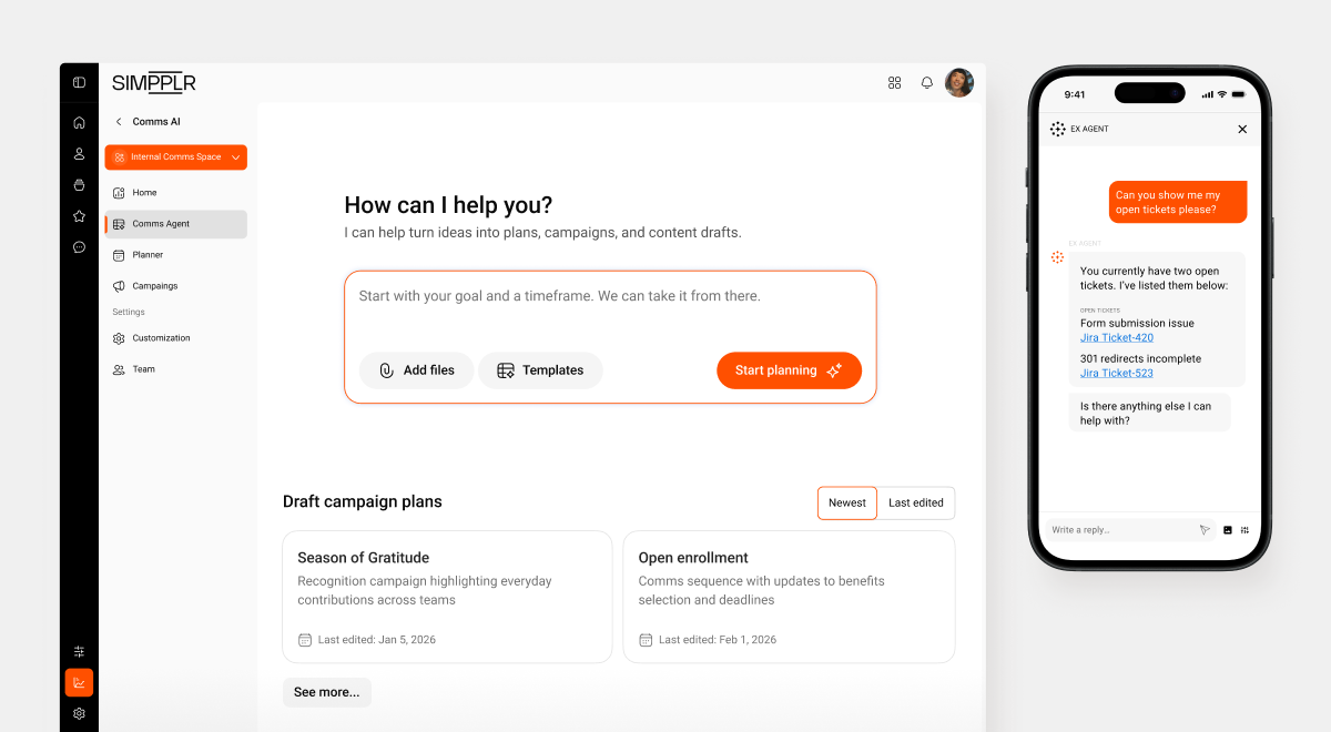 Mobile and desktop view of Simpplr AI with tasks, updates, events, and conversational search assistant