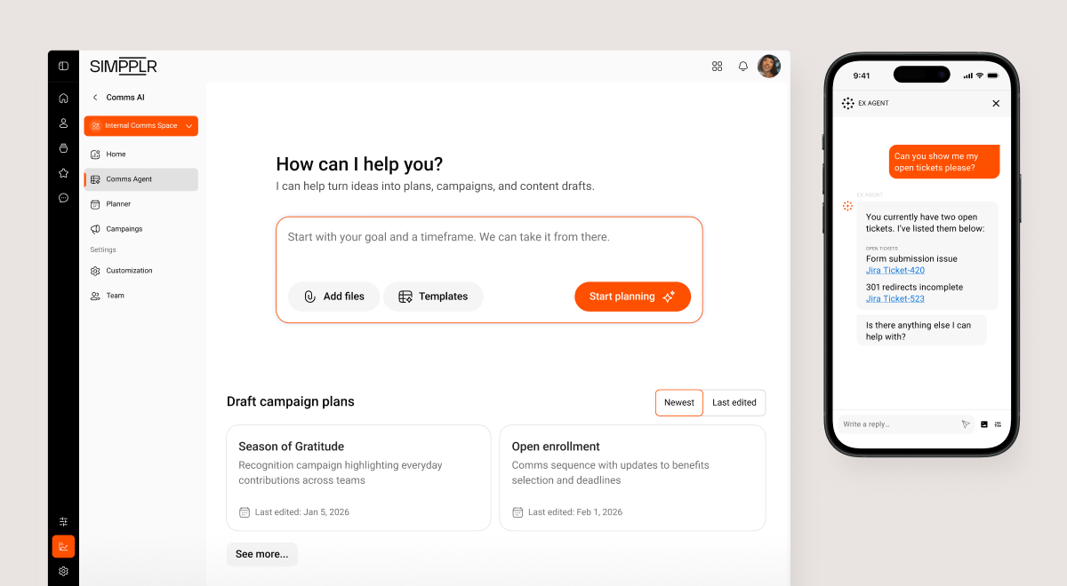 Mobile and desktop view of Simpplr AI with tasks, updates, events, and conversational search assistant